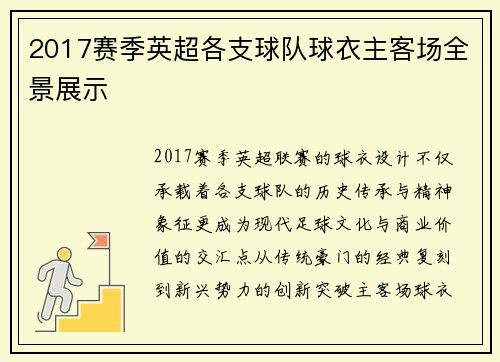 2017赛季英超各支球队球衣主客场全景展示