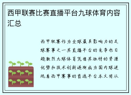 西甲联赛比赛直播平台九球体育内容汇总