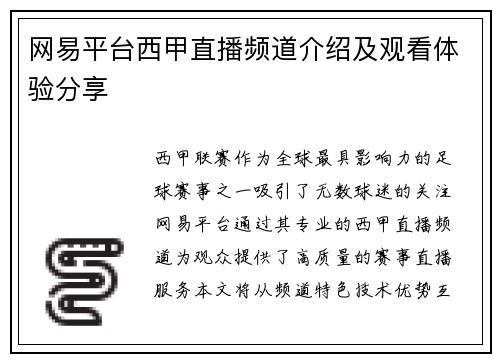 网易平台西甲直播频道介绍及观看体验分享